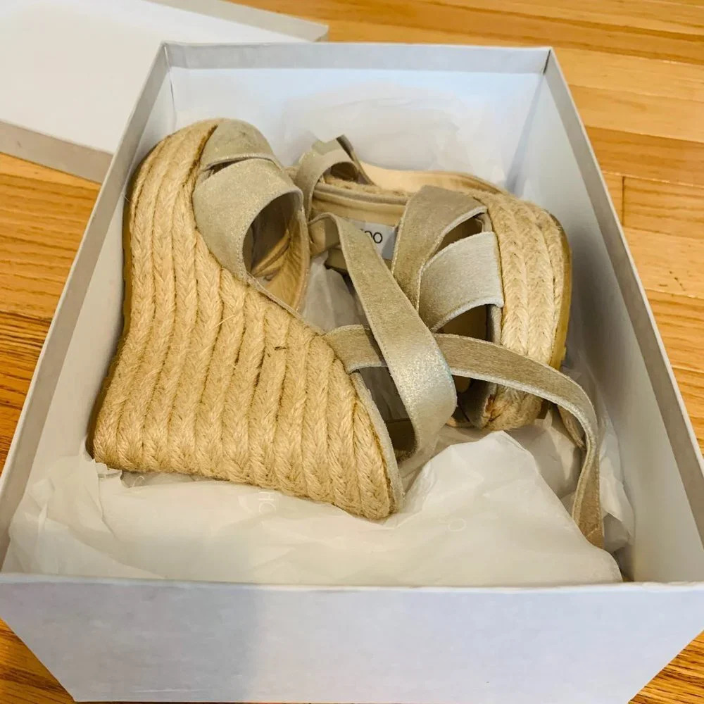 Jimmy Choo Espadrille Wedge Nude Beige Size 8.5 - Picture 8 of 16